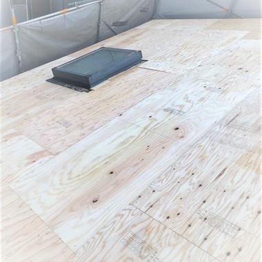 名古屋市千種区にて天窓付きの屋根ダンネツトップカバー工法の施工前写真（1枚目）